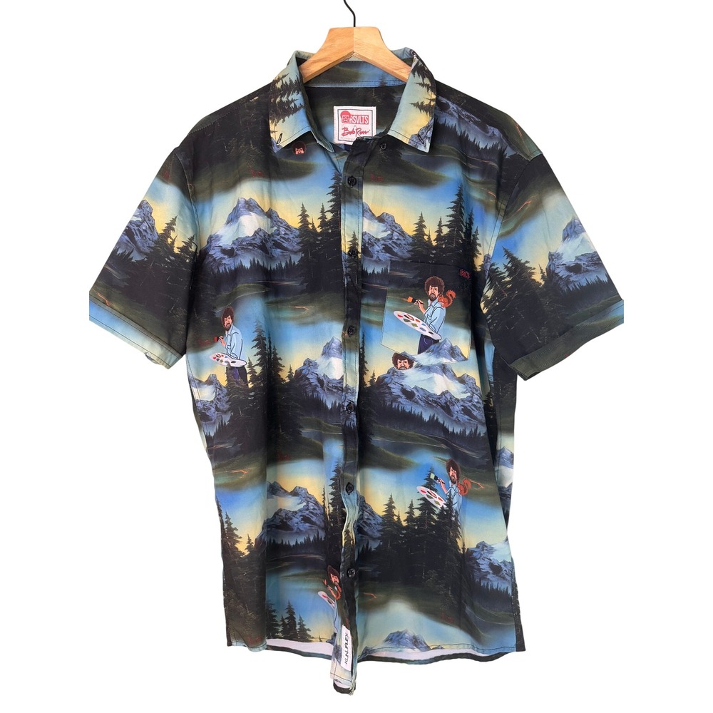 RSVLTS Bob Ross Kunuflex Shirt Mens XL Short Sleeve Button Down Mountain Graphic